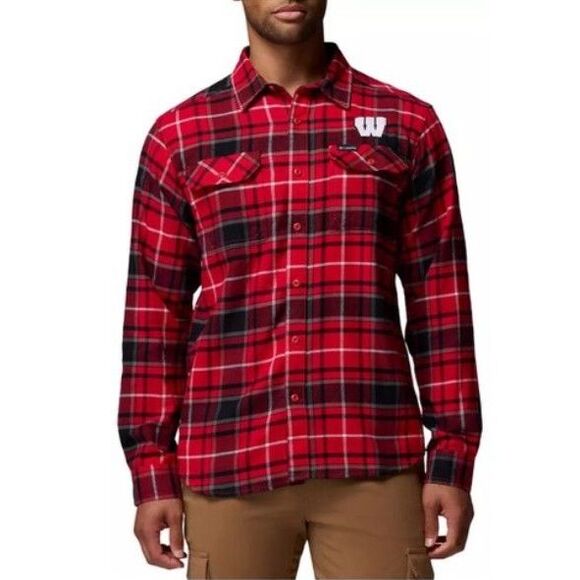 Columbia NWOT Wisconsin Badgers Red Black Plaid Flair Gun LS Flannel Shirt Sz L - Picture 1 of 14